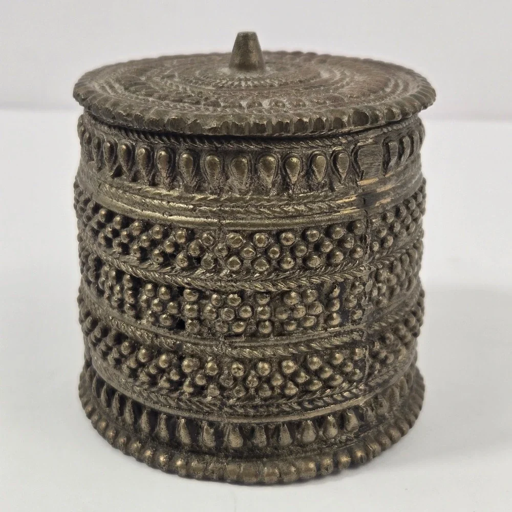 Vintage India Brass Trinket Box Small Beaded Lidded Jewelry Container 3in